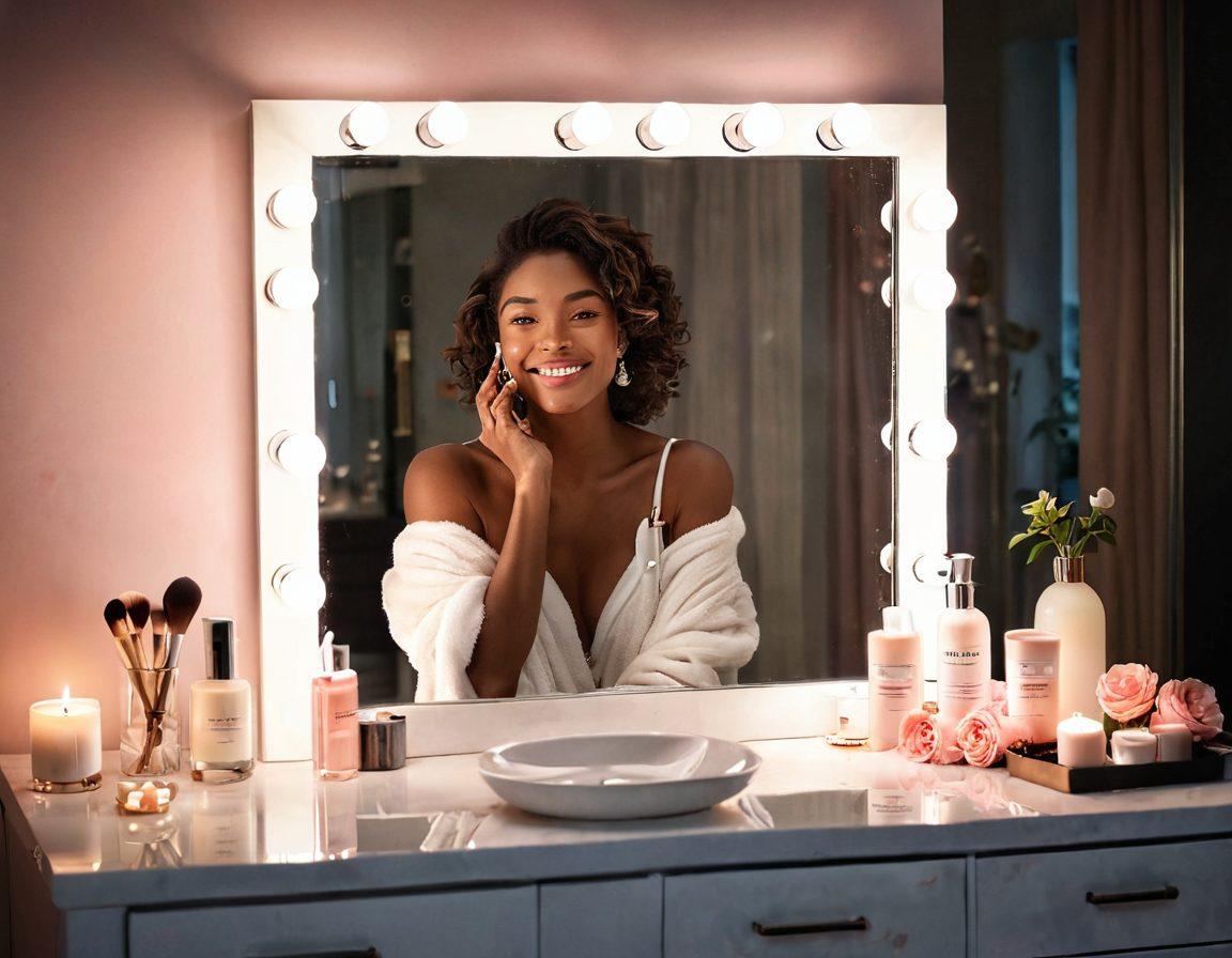A serene and inviting scene showcasing a cozy bathroom filled with soft lighting, featuring elegant grooming products like skincare and perfumes. A large mirror reflects a woman smiling gently at herself while applying makeup, radiating confidence and self-love. Subtle hints of romance, such as rose petals and candles, enhance the intimate vibe. Include warm, pastel colors with a calming atmosphere. super-realistic. soft lighting. vibrant colors.