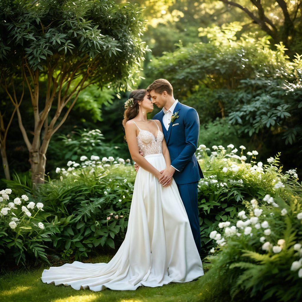 A serene, intimate setting featuring a couple lovingly embracing, surrounded by lush greenery and delicate flowers. The couple showcases natural body hair, exuding confidence and romance, while soft, warm light filters through the trees. Include elements that symbolize self-love, such as heart shapes in the foliage. The overall mood should be tender and inviting. super-realistic. warm colors. soft focus.