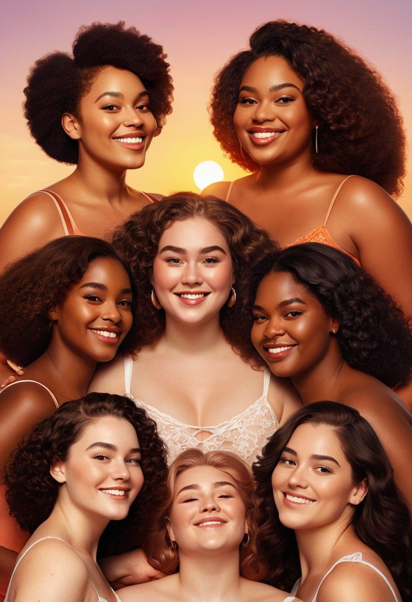 A diverse group of confident individuals in various body sizes and shapes, proudly showcasing their natural body hair, surrounded by an atmosphere of love and acceptance. A warm sunset backdrop illuminates their joyful expressions, while symbols of romance like hearts or flowers subtly blend into the scene. Emphasize the beauty of authentic connection and body positivity. vibrant colors. super-realistic.